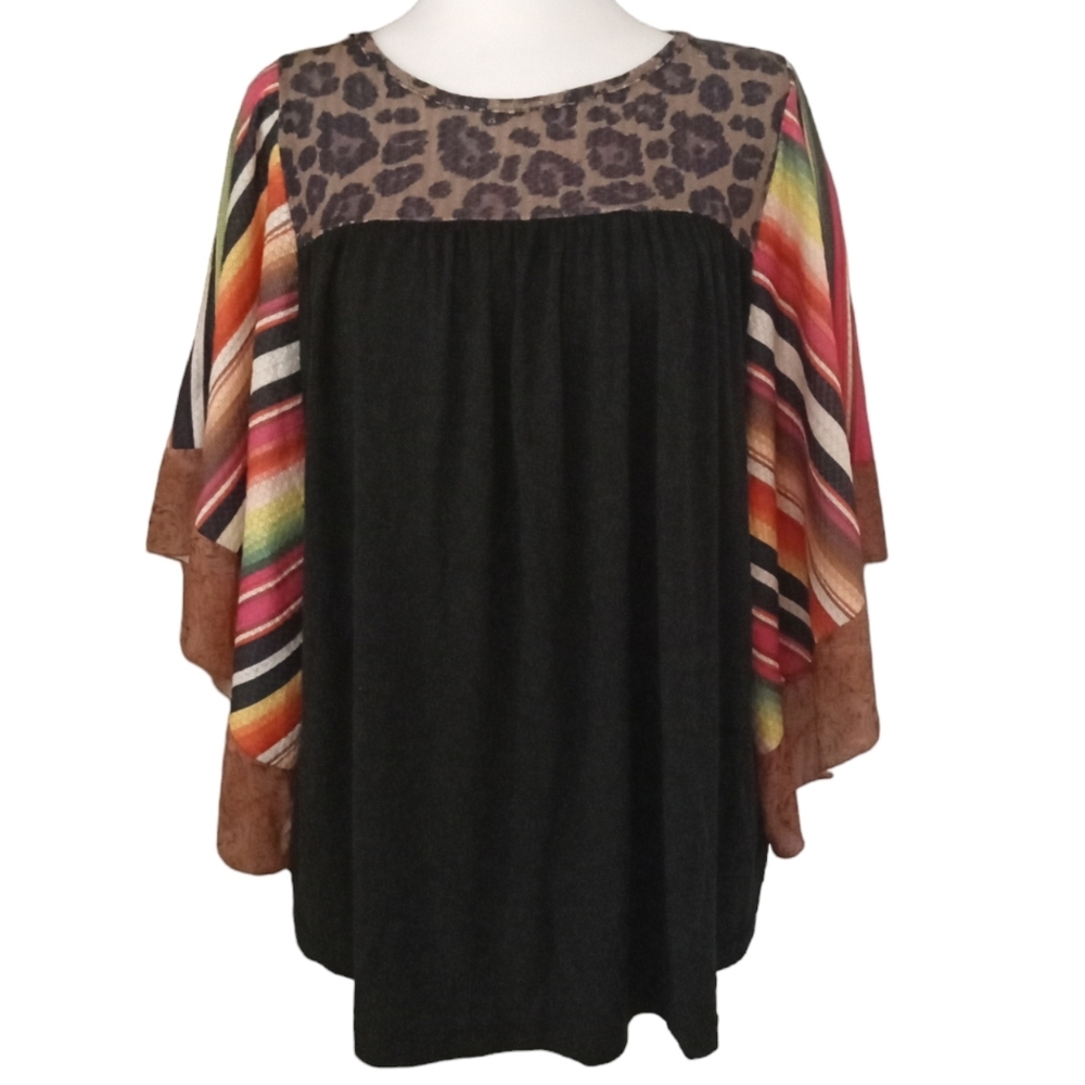 Crazy Train Leopard Print Serape Batwing Sleeve Southwestern Blouse Size Small